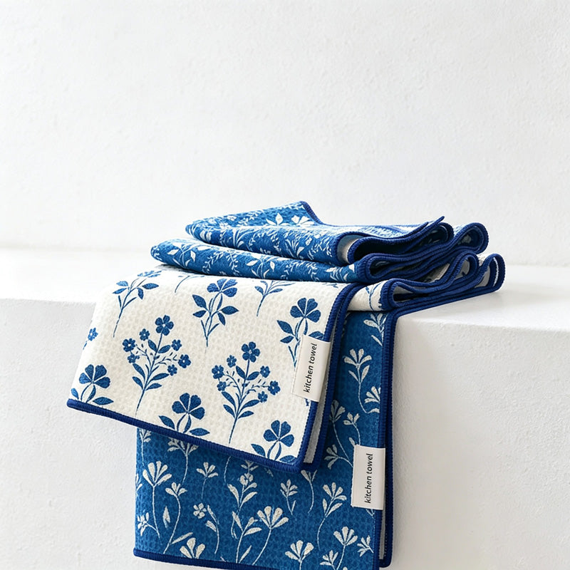 CouldNook Printed Tea Towel - Floral Blue and Brown Patterns
