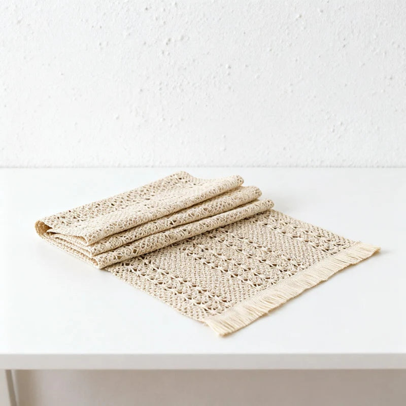 CouldNook Vintage Crochet Floral Table Runner - Rustic Macrame Tassel Mat