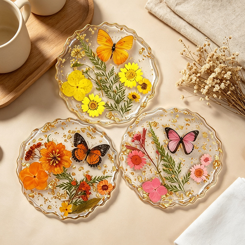 CloudNook Dried Flower Resin Coaster‑Butterfly Decor Cup Mat