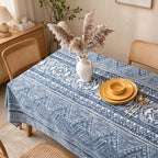 CouldNook Geometric Cotton-Linen Tablecloth - Patterned Bands and Plain Edges