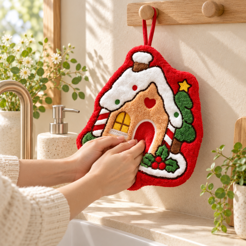 Printed Christmas Hand Towels with Shaped Holiday Scenes