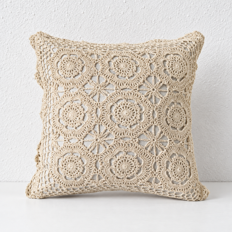 CouldNook Floral Crochet Cushion Cover - Openwork Medallions And Lace