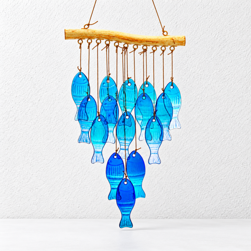 CouldNook Glass Fish Wind Chime - Blue Cascade And Horizontal Metal Support