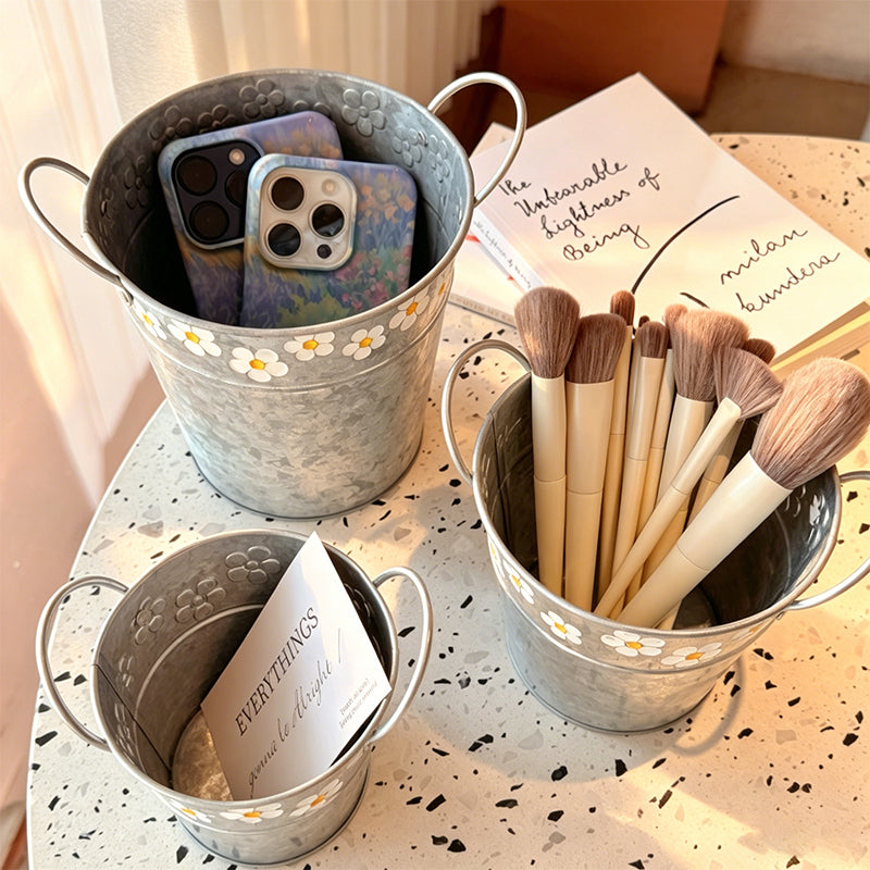 CouldNook Floral Iron Storage Bucket - Aesthetic Desktop Metal Organizer