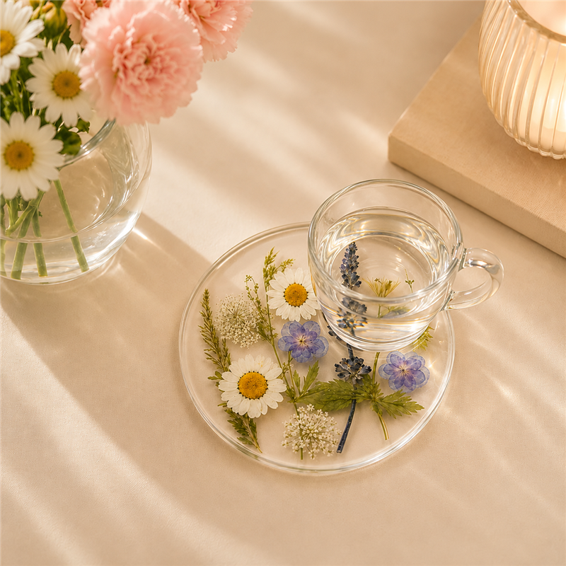 CouldNook Transparent Acrylic Flower Coaster - Tabletop Home Accent