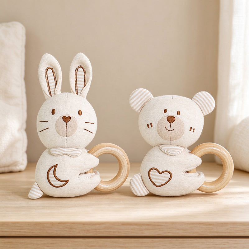 Animal Rattle with Side Wooden Grasping Ring