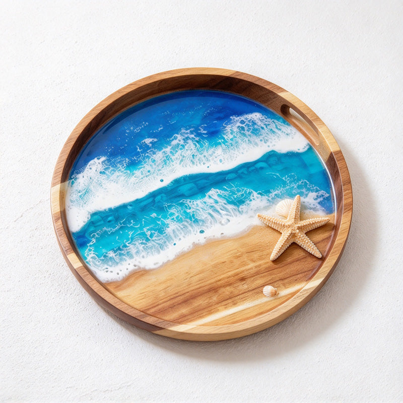 CouldNook Round Ocean Decorative Tray - Wave Pattern and Raised Rim