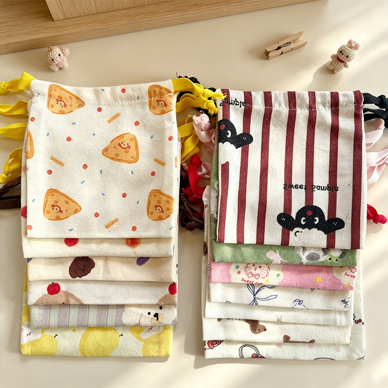 CloudNook Cartoon Print Drawstring Pouch‑Cotton Blend Small Storage Bag