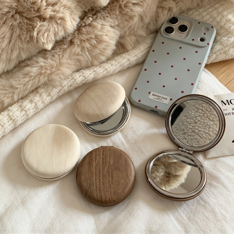 CouldNook Round Folding Mirror - Wood-Grain Cover And Double Mirror Interior