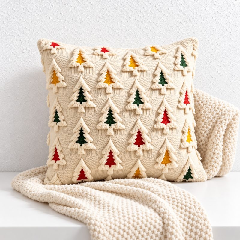 CouldNook Christmas Tree Cushion Cover - Raised Motifs Across A Textured Front