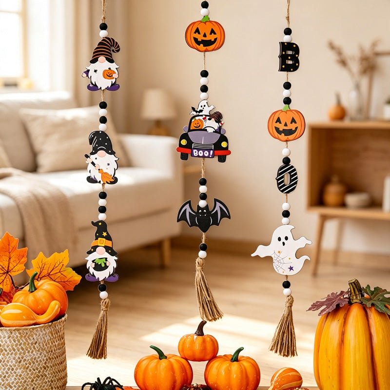 CouldNook Halloween Wooden Beaded Hanging Ornament‑Gnome Pumpkin Bat Wall Decor