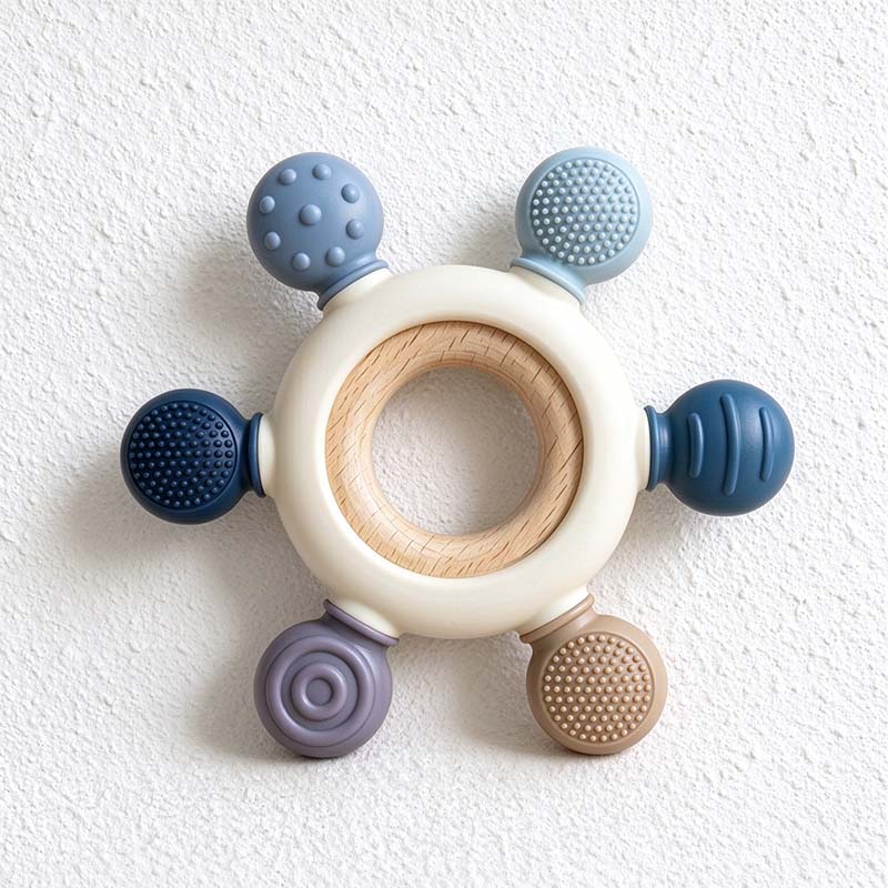 CouldNook Textured Ring Teether - Rounded Tabs and Wooden Center