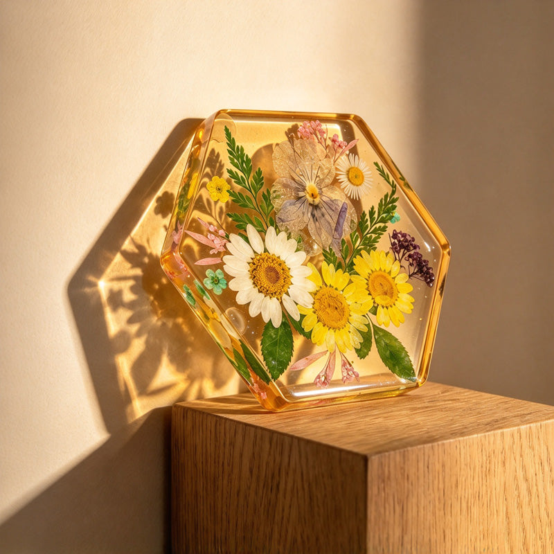 CouldNook Hexagonal Floral Coaster - Clear Body and Pressed Flower Arrangement