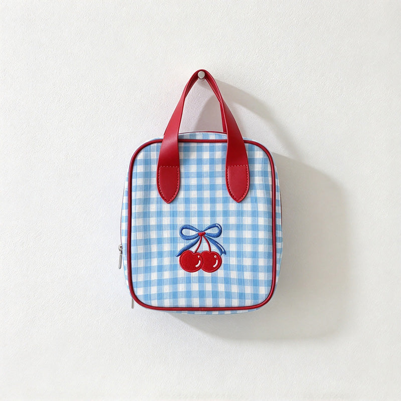 CouldNook Blue Gingham Makeup Bag - Contrast Trim And Cherry Decoration