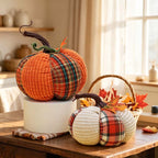 CouldNook Plaid Fabric Pumpkin Ornament - Curved Stem and Textured Panels