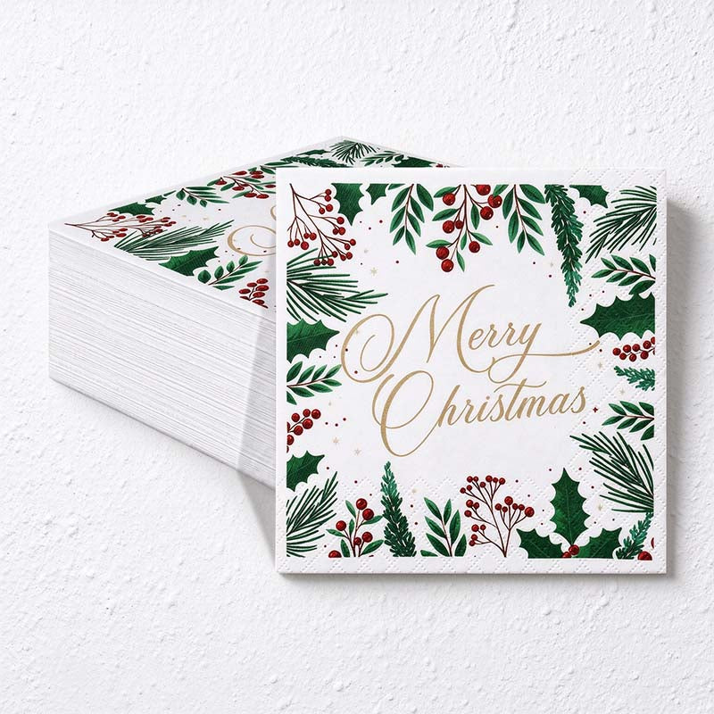 CouldNook Christmas Paper Napkins - Holly Berry Border And Script Greeting