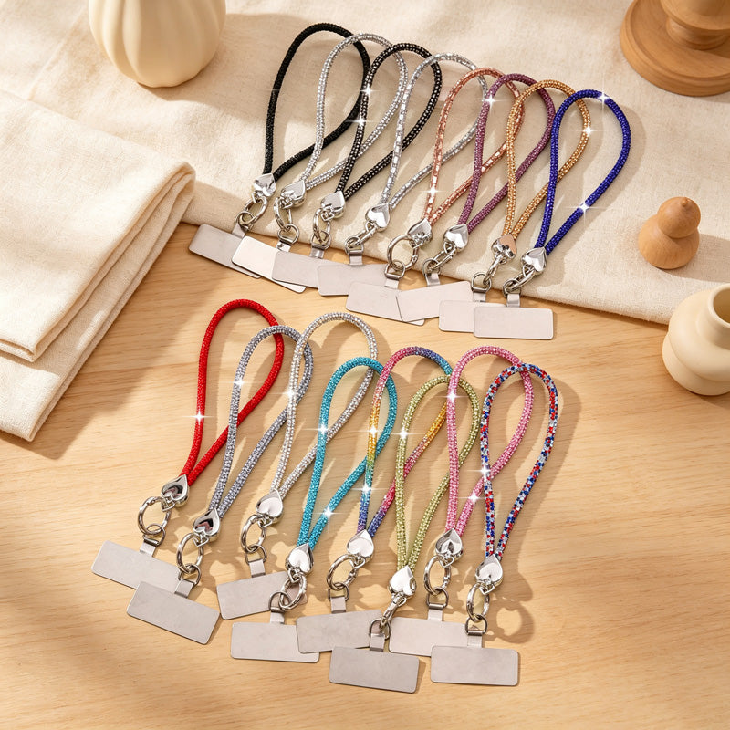 CouldNook Rhinestones Set Wrist Phone Strap with Heart-Shaped Links