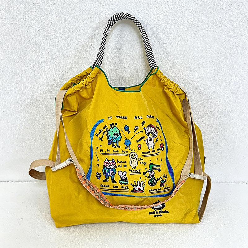 CouldNook Cartoon Character Collage Embroidery Shopping Bag - Everyday Market Accent