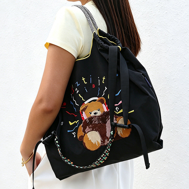 CouldNook Headphone Bear Sequin Embroidery Shopping Bag - Everyday Market Accent