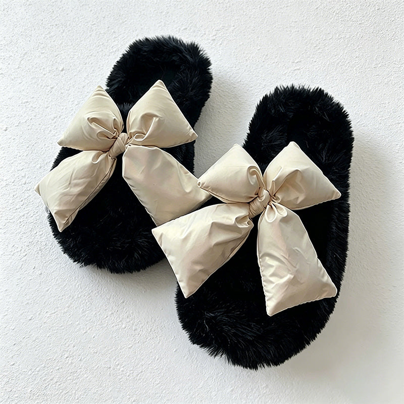 CouldNook Contrast Bow Plush Open Toe Slippers - Soft Shelf Accent