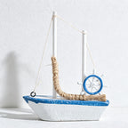 CouldNook Mediterranean Wooden Sailboat Model - Blue White Coastal Tabletop Decor