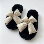 CouldNook Contrast Bow Plush Open Toe Slippers - Soft Shelf Accent