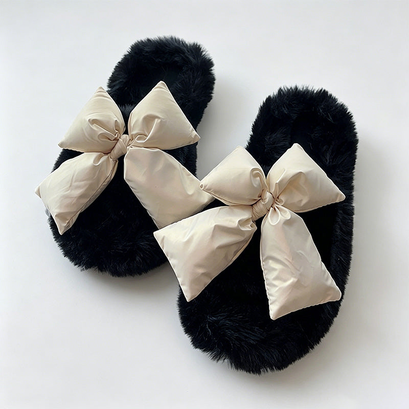 CouldNook Contrast Bow Plush Open Toe Slippers - Soft Shelf Accent