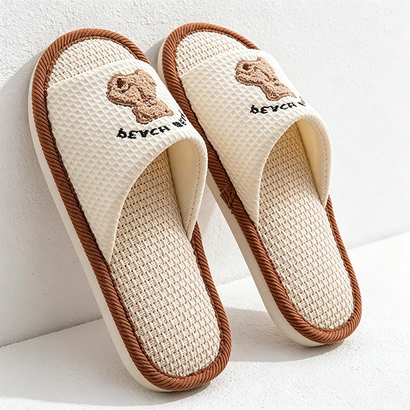 CouldNook Linen-Look Animal Pattern Open Toe Slippers - Everyday Indoor Accent