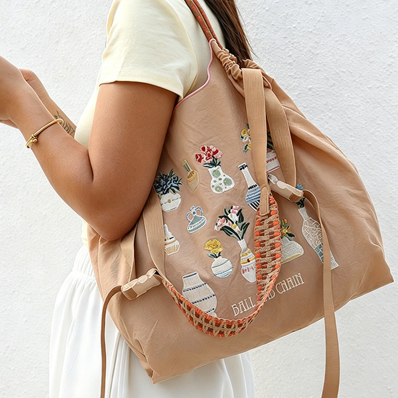 CouldNook Vase & Flower Embroidery Shopping Bag - Everyday Market Accent
