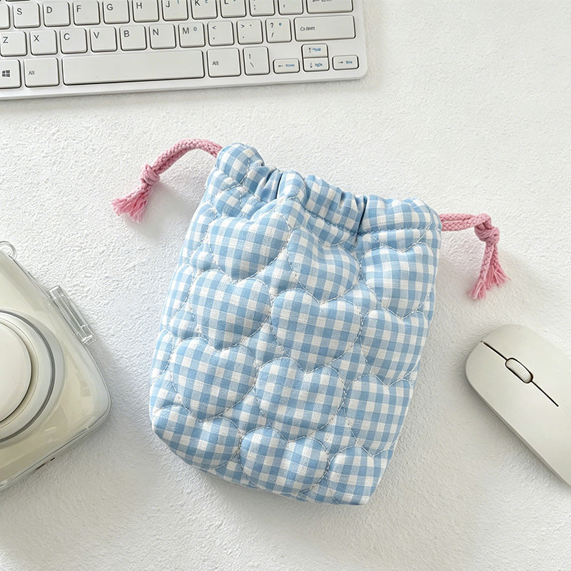 CouldNook Quilted Heart Check Drawstring Pouch - Travel Organizer Bag