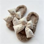 CouldNook Contrast Bow Plush Open Toe Slippers - Soft Shelf Accent