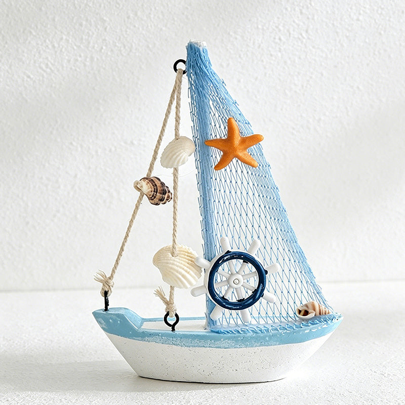 CouldNook Mediterranean Wooden Sailboat Model - Blue White Coastal Tabletop Decor