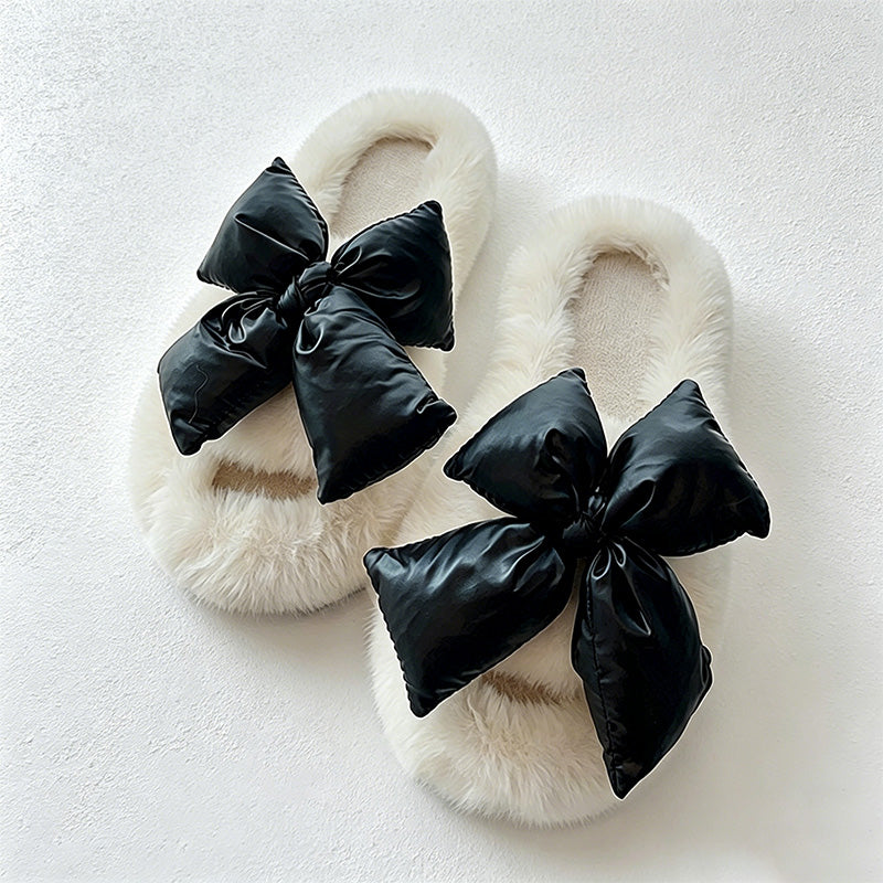 CouldNook Contrast Bow Plush Open Toe Slippers - Soft Shelf Accent