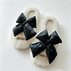 CouldNook Contrast Bow Plush Open Toe Slippers - Soft Shelf Accent