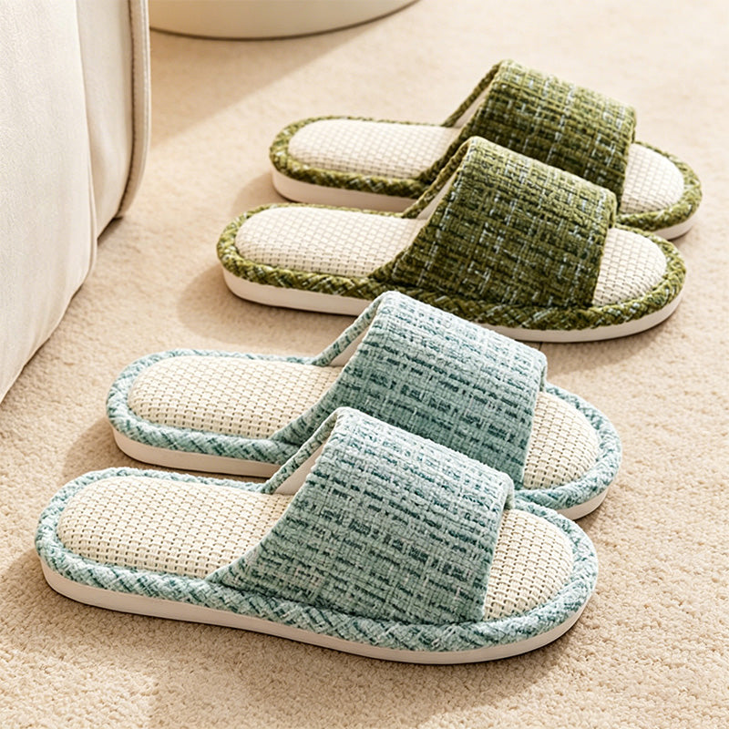 CouldNook Linen Open-Toe Slide Slippers - Calm Home Accent