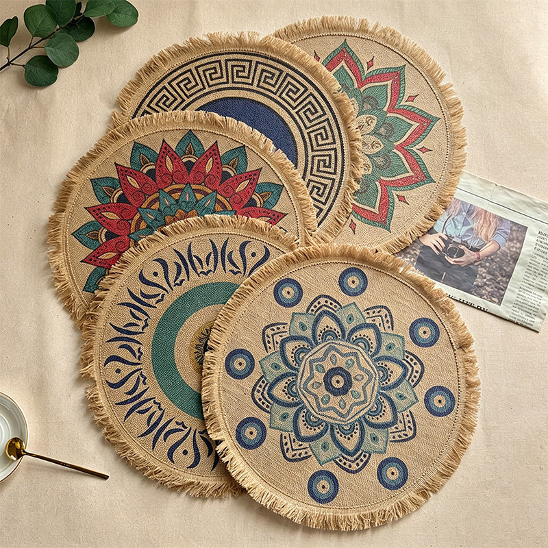 CouldNook Printed Jute Tassel Mat - Aesthetic Bohemian Round Placemat