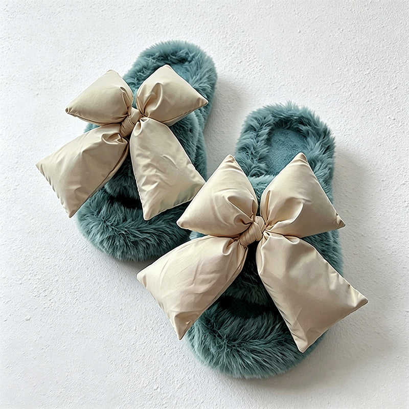 CouldNook Contrast Bow Plush Open Toe Slippers - Soft Shelf Accent