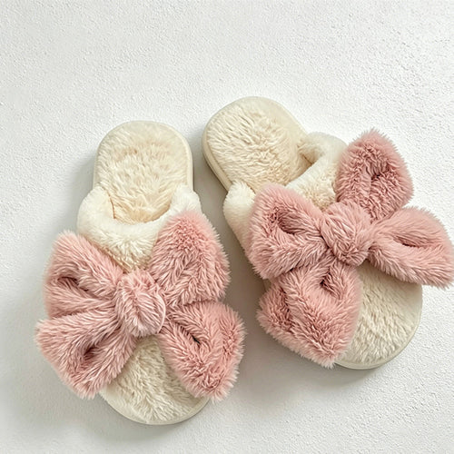 CouldNook Bunny Ear Bow Open Toe Slippers - Soft Bedroom Accent