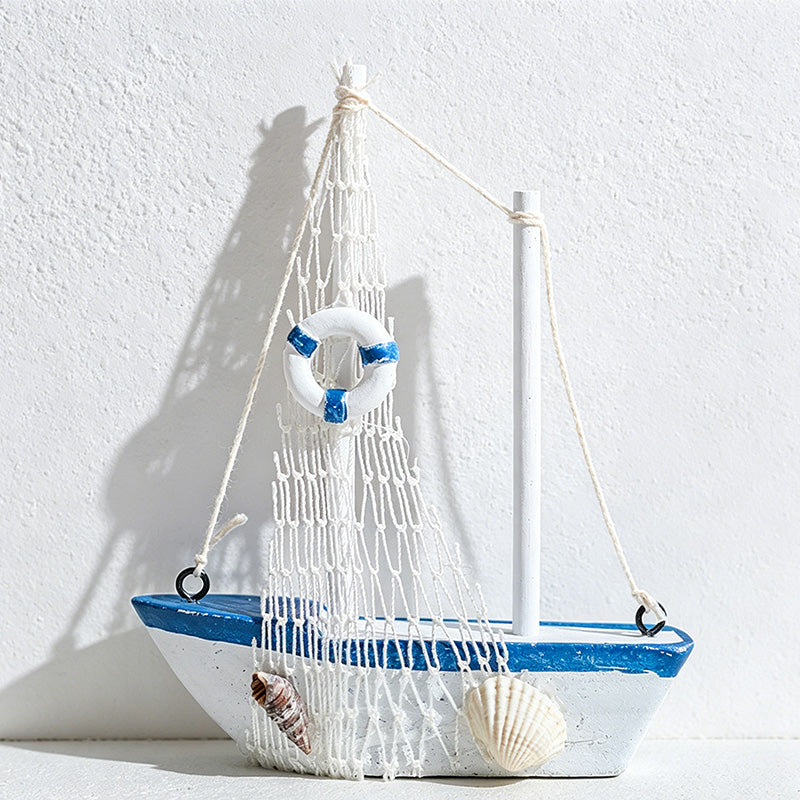 CouldNook Mediterranean Wooden Sailboat Model - Blue White Coastal Tabletop Decor