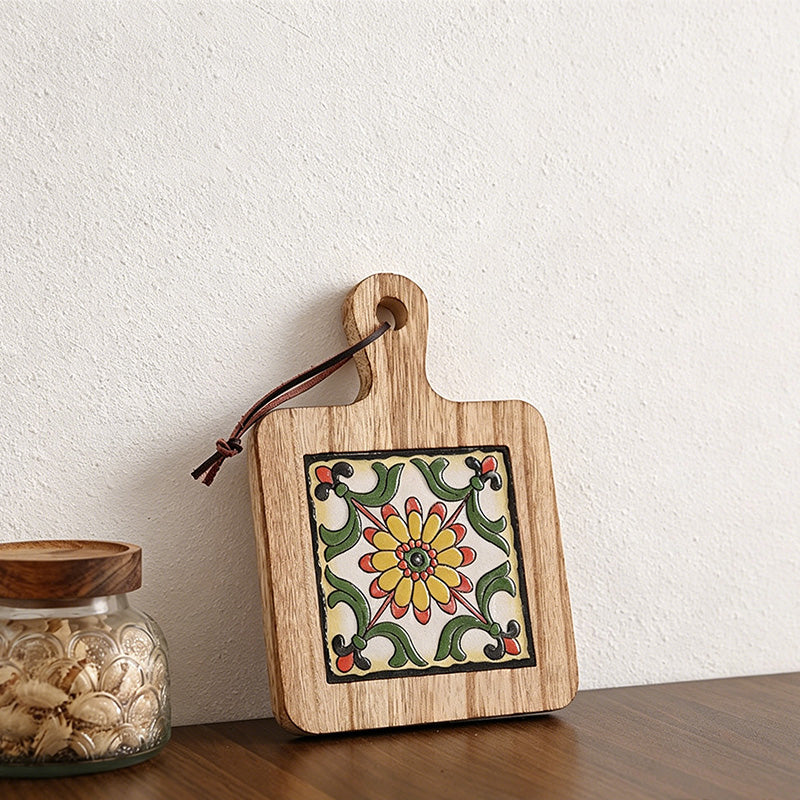 CouldNook Warm Tone Floral Tile Wooden Trivet - Heat Resistant Kitchen Pot Holder