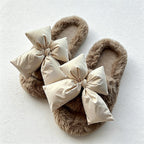 CouldNook Contrast Bow Plush Open Toe Slippers - Soft Shelf Accent