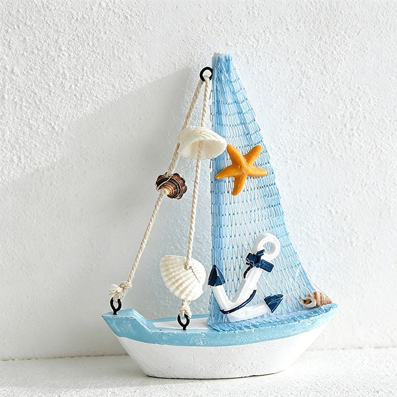 CouldNook Mediterranean Wooden Sailboat Model - Blue White Coastal Tabletop Decor