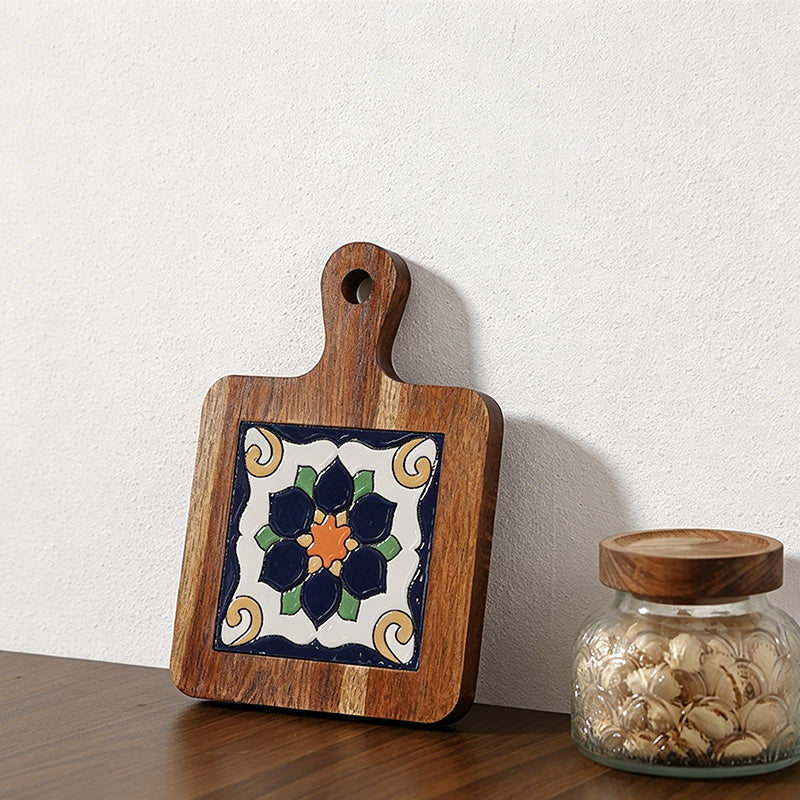 CouldNook Acacia Wood Blue Floral Tile Trivet - Heat Resistant Kitchen Pot Holder