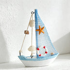 CouldNook Mediterranean Wooden Sailboat Model - Blue White Coastal Tabletop Decor