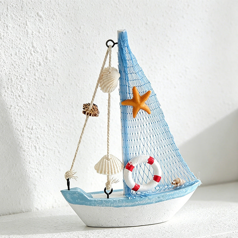 CouldNook Mediterranean Wooden Sailboat Model - Blue White Coastal Tabletop Decor