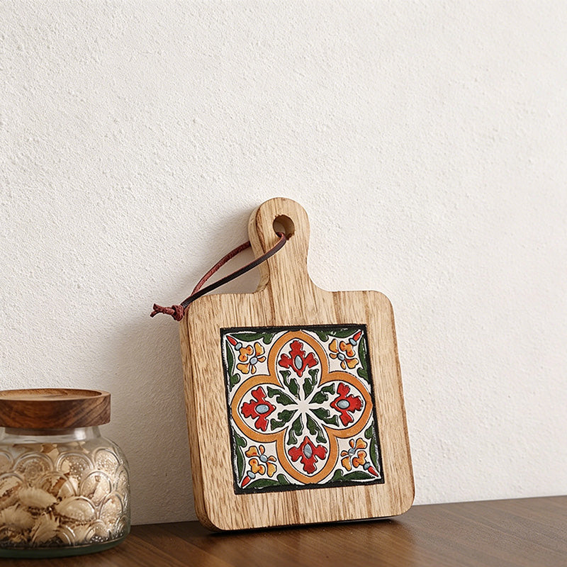 CouldNook Warm Tone Floral Tile Wooden Trivet - Heat Resistant Kitchen Pot Holder