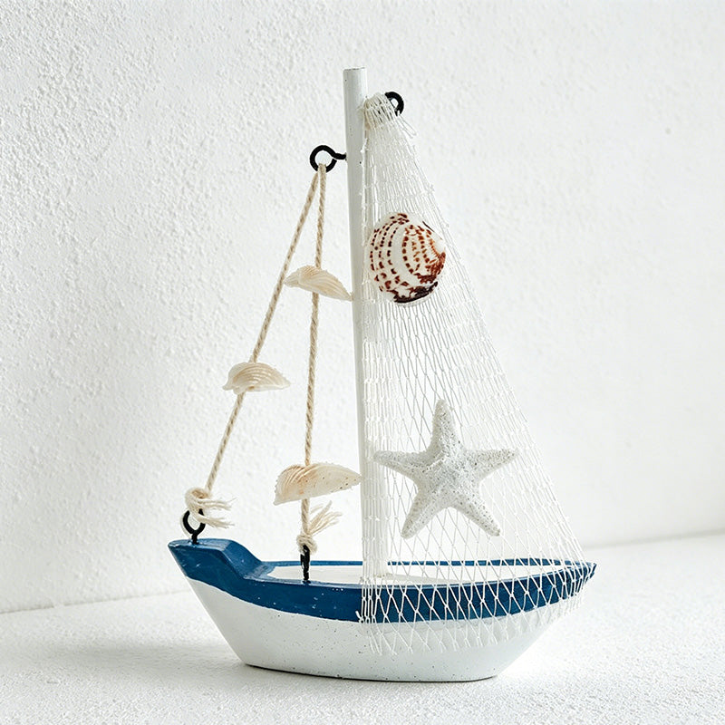CouldNook Mediterranean Wooden Sailboat Model - Blue White Coastal Tabletop Decor