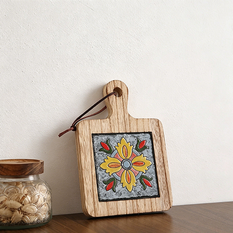 CouldNook Warm Tone Floral Tile Wooden Trivet - Heat Resistant Kitchen Pot Holder