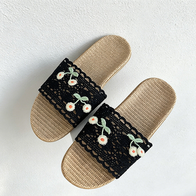 CouldNook Cherry Embroidery-Look Open Toe Slippers - Summer Home Accent