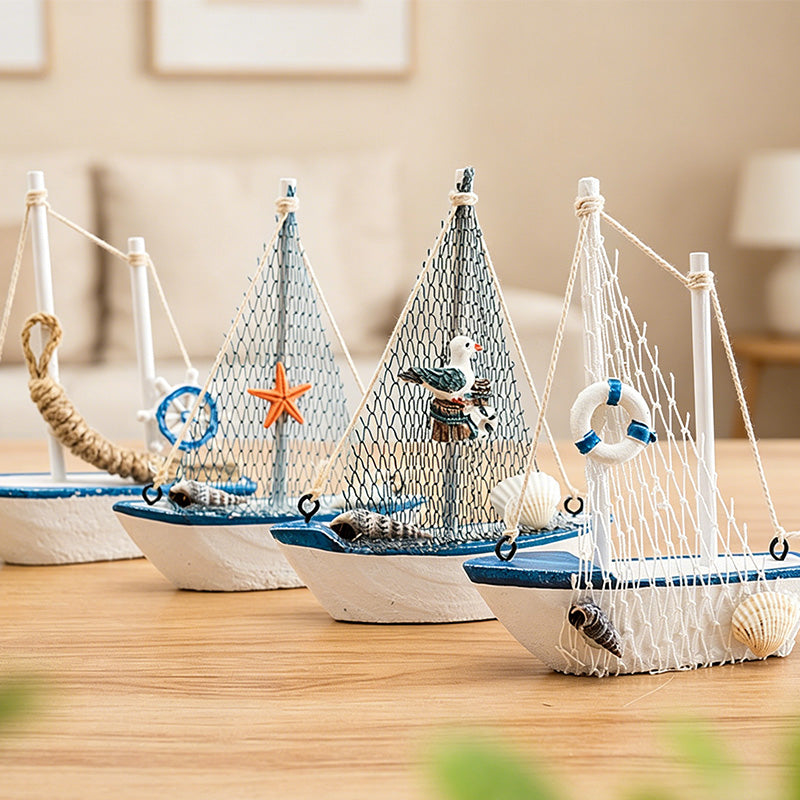 CouldNook Mediterranean Wooden Sailboat Model - Blue White Coastal Tabletop Decor
